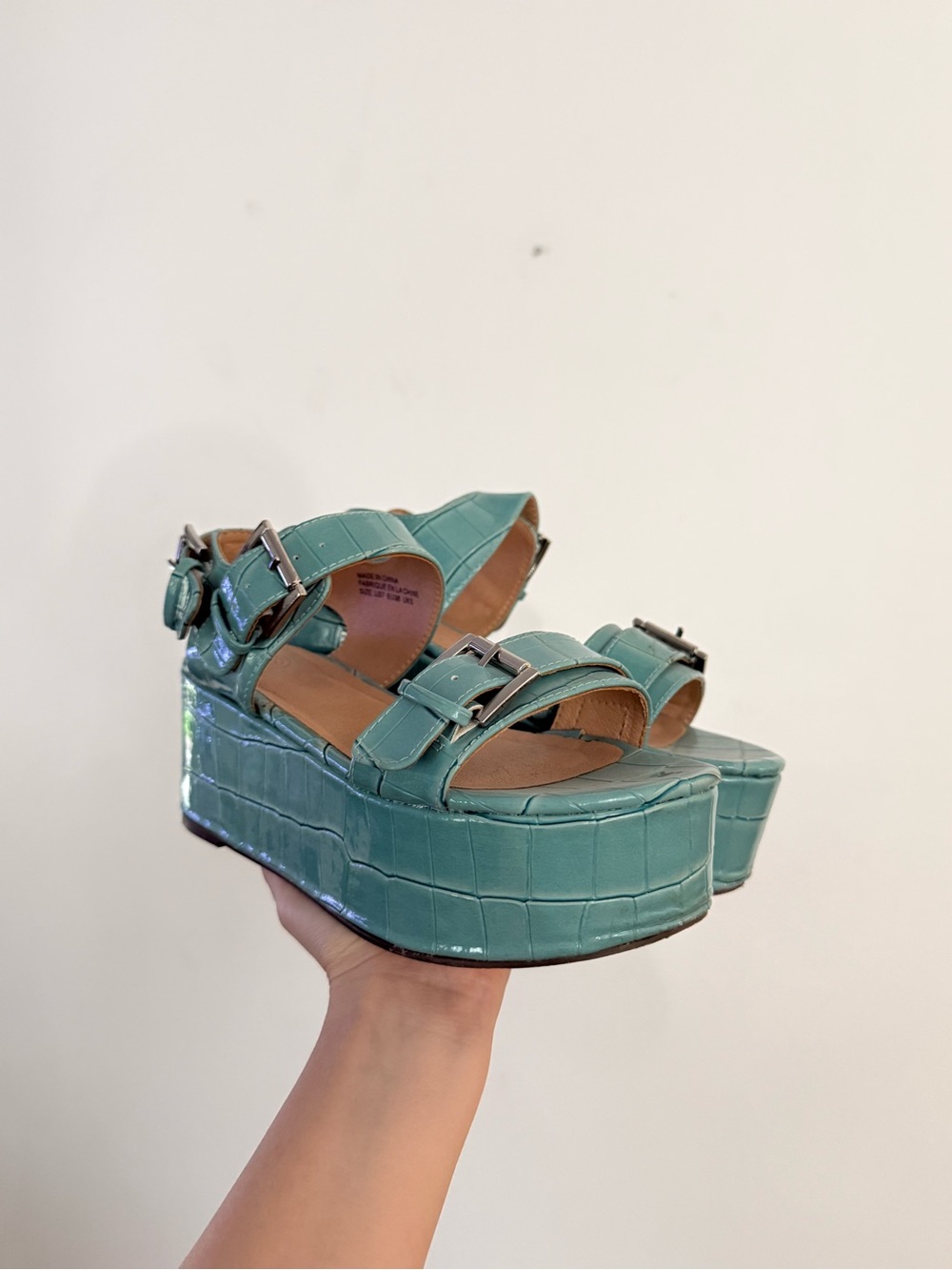 Urban Outfitters Teal Croc-Embossed Platform Buckle Sandals